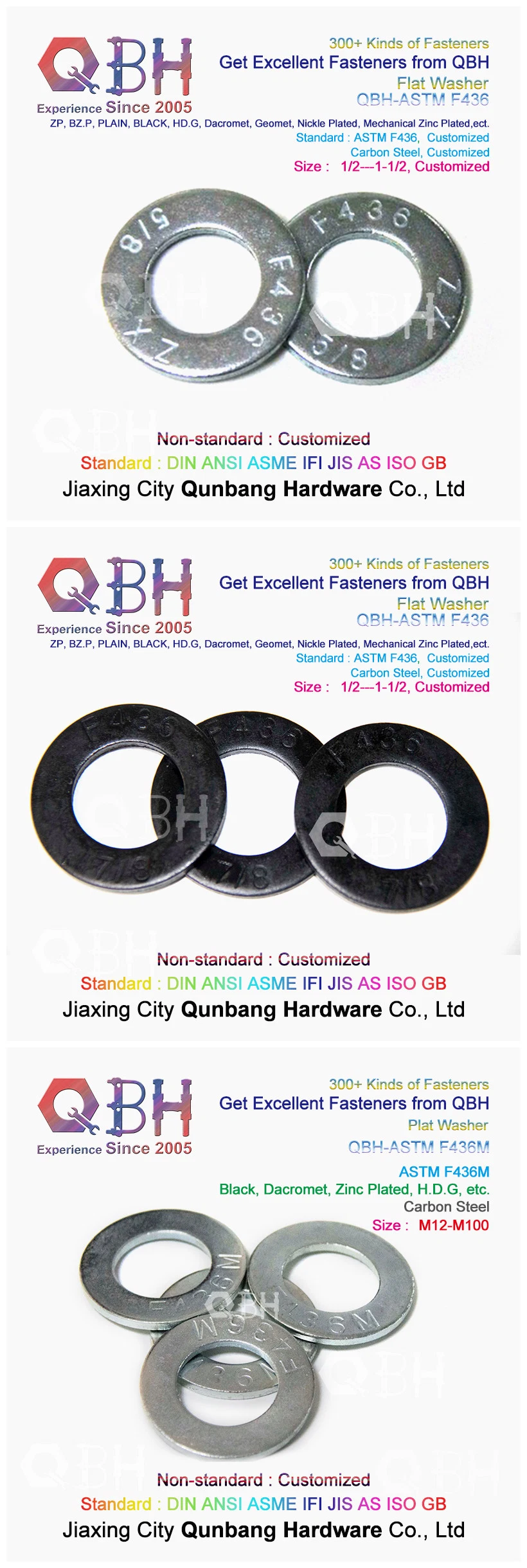 Qbh DIN125 DIN127 F436 F959 DIN6919 DIN934 DIN936 All Type Zp/Yzp/Bzp/Plain/Black/HDG/Dacromet/Geomet/Nickle Plated Washers